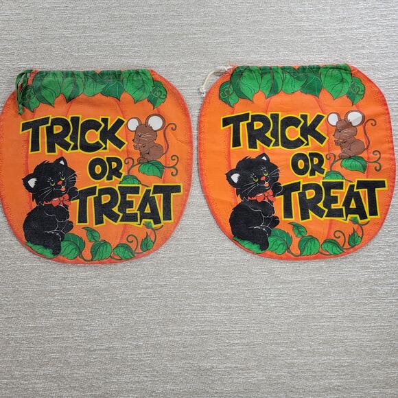 VTG Handmade Trick or Treat Bag Drawstring 15" Orange Black Cat Halloween Candy - Picture 7 of 14